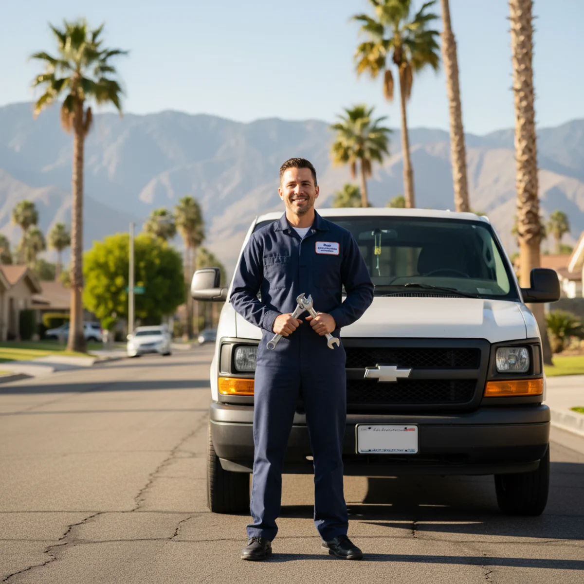 Local plumber beside a service van on a Bloomington, CA residential street.