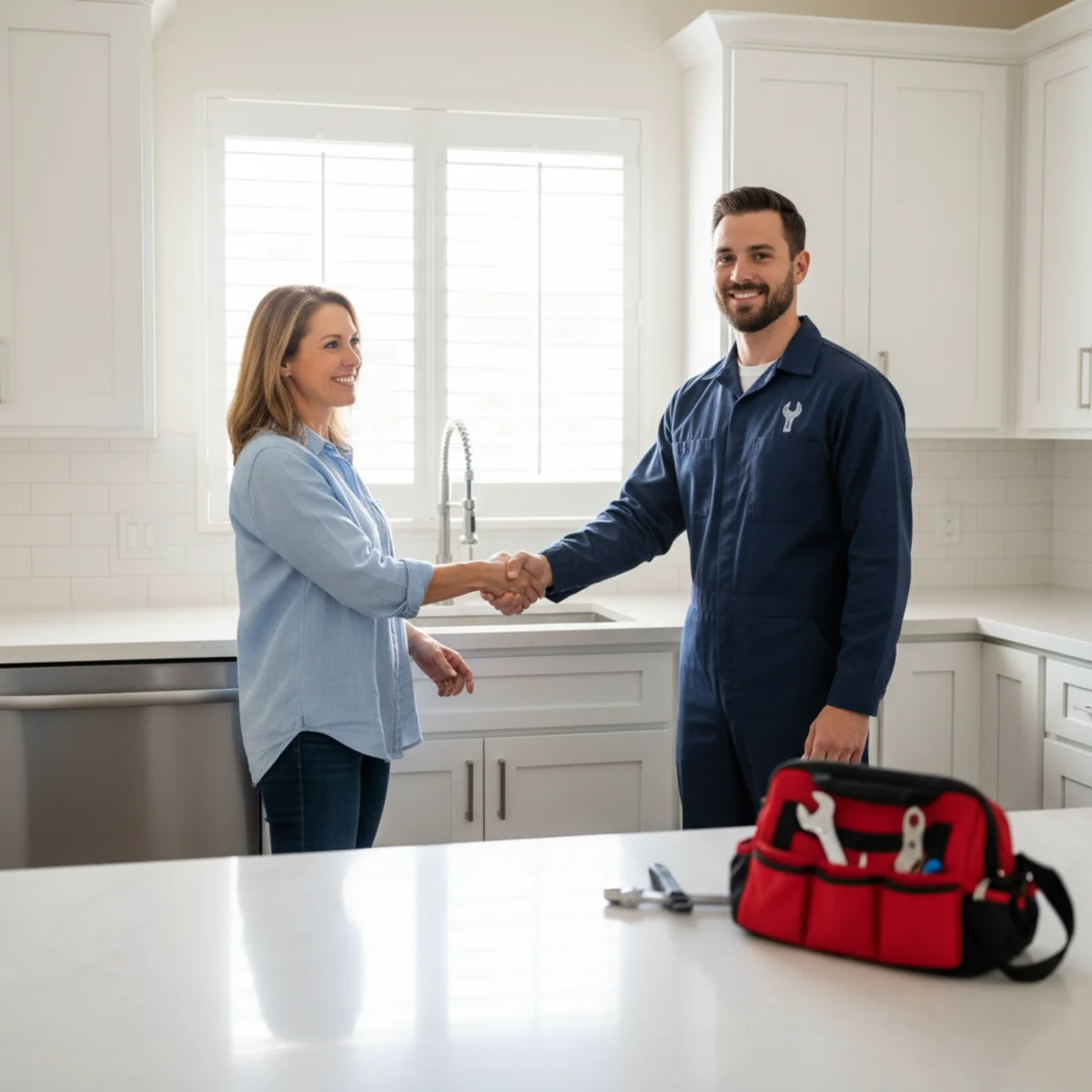 Satisfied Bloomington homeowner with a plumber after service.