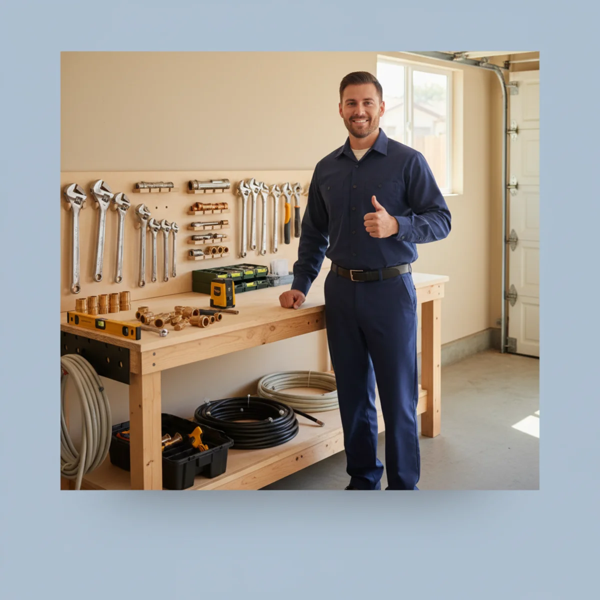 Plumber with modern tools highlighting current plumbing offers in Bloomington, CA.